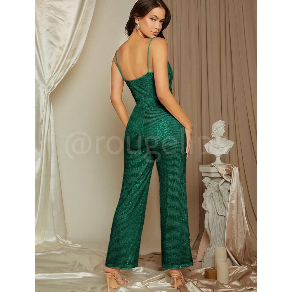 Sequined Cami Cowl Neck Jumpsuit Green Party Playsuit Long - Picture 2 of 6
